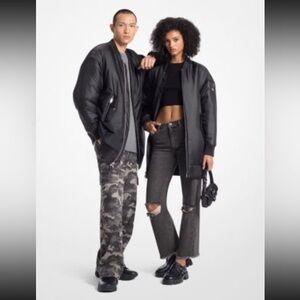 NWT Michael Kors Unisex Cire Satin Bomber Black Jacket Sz M MSRP $458